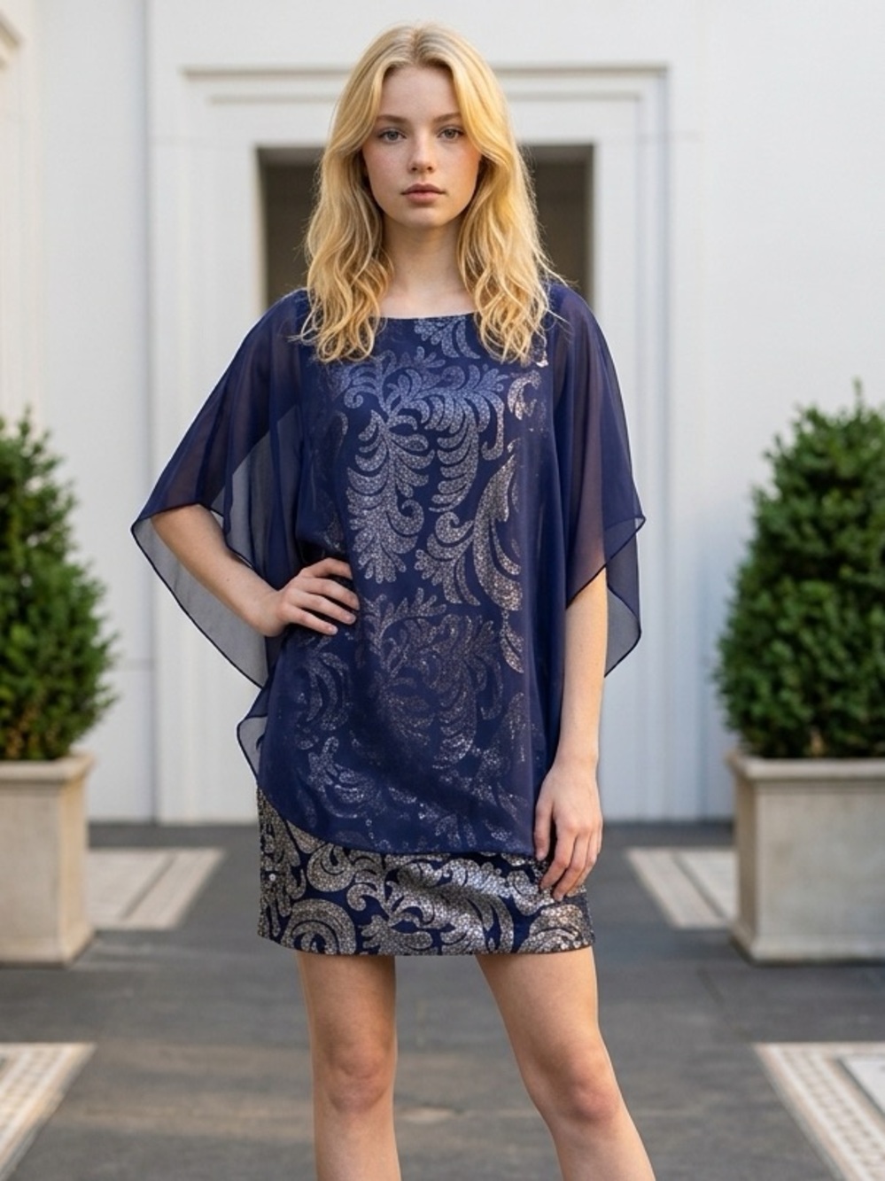 Laundry By Shelli Segal Blue & Silver Sheath Dress with Blue overlay